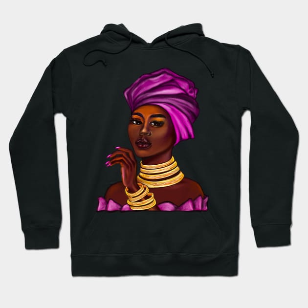 side eye Queen  Black is beautiful black girl with Gold bangles, neck ring necklace, purple dress and head wrap, brown eyes and dark brown skin ! Hoodie by Artonmytee